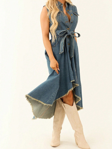 Cross-border European and American denim dress—fashionable, sleeveless, unique, with irregular raw-edge design—on TEMU, Amazon, OZON, and independent websites.