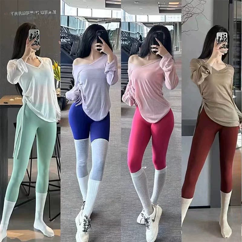 Свободная повседневная блузка для йоги с длинными рукавами, закрывающая бедра, женский топ, плиссированная футболка на шнурке, одежда для фитнеса, йоги, одежда для фитнеса