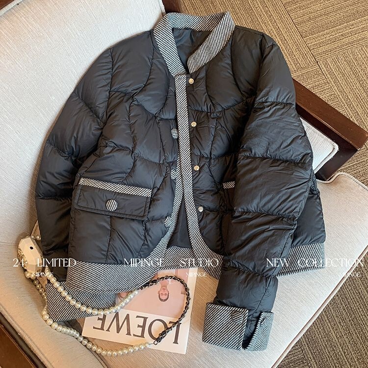 Chanel-style black patchwork twill short white duck down women's winter new stylish down jacket for petite women Chanel-style black patchwork twill short white duck down women's winter new stylish down jacket for petite women