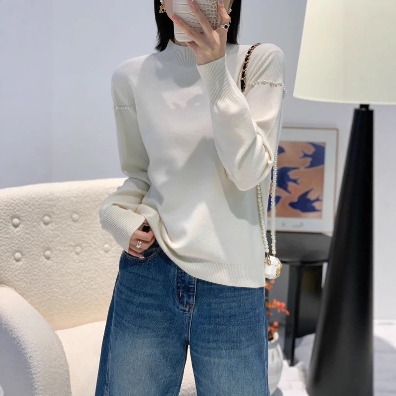 Shoulder Beaded Half-High Collar Knit Sweater, Base Layer Top, Cross-Border Autumn and Winter New Style Pullover Slim-Fit Sweater for Women