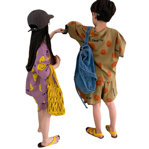 Summer unisex kids' set baby trendy children's personalized fashion internet celebrity Korean style sport full print smile T-shirt shorts