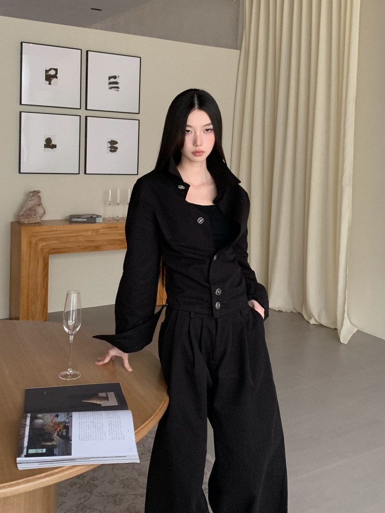 GraceChic GraceChic Autumn Hepburn Style "Urban Elite" Crisp Texture Waist-Cinching Short Shirt And Pleated Wide-Leg Straight Pants Set_voghion.com