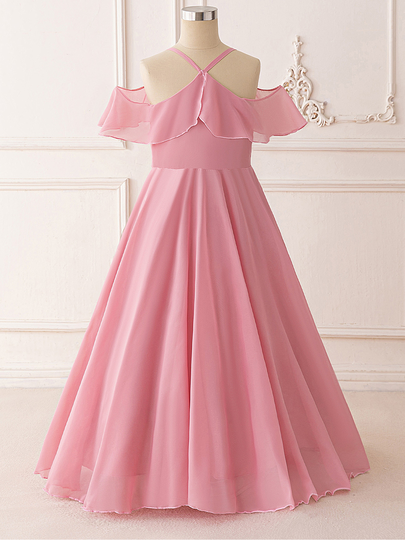 2025 nuevo vestido de cuello halter para niños grandes, falda larga de gasa de color sólido de verano, falda grande sin tirantes, falda, traje de baile