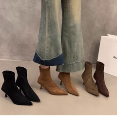 高跟尖头棕色绒面瘦瘦靴短靴女鞋2025新款秋冬季加绒法式小踝靴子