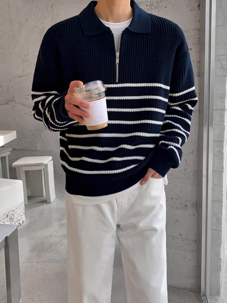 Suéter con cremallera para hombre Suéter de punto a rayas casual de moda suelta Suéter para hombre Otoño e invierno Cuello medio alto para hombre