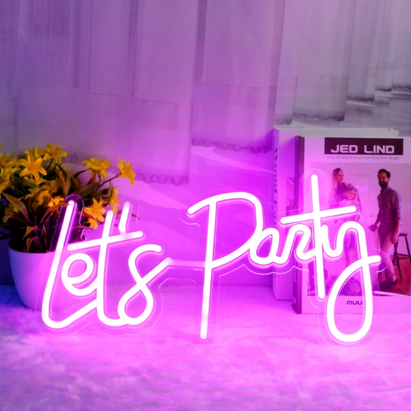 LED-неон на прозрачной акриловой панели "Let's Party", декоративный неон, праздничная подсветка