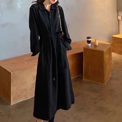 Coffee color shirt dress, women's morning and autumn new style French temperament retro Hepburn style long dress, waist skirt