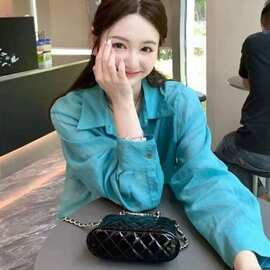 时尚新款轻奢高级感长袖湖水蓝防晒衬衫女夏季独特超好看气质上衣