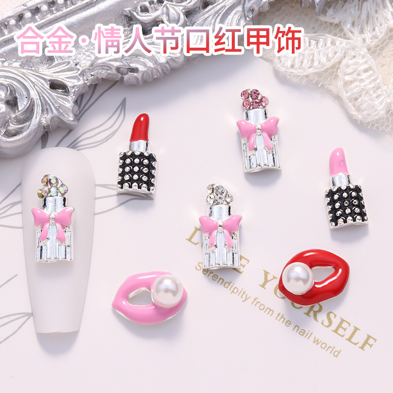 New manicure alloy jewelry Sexy Lips Lipstick diamond accessories 520 Qixi Festival Valentine's Day nail decoration wholesale