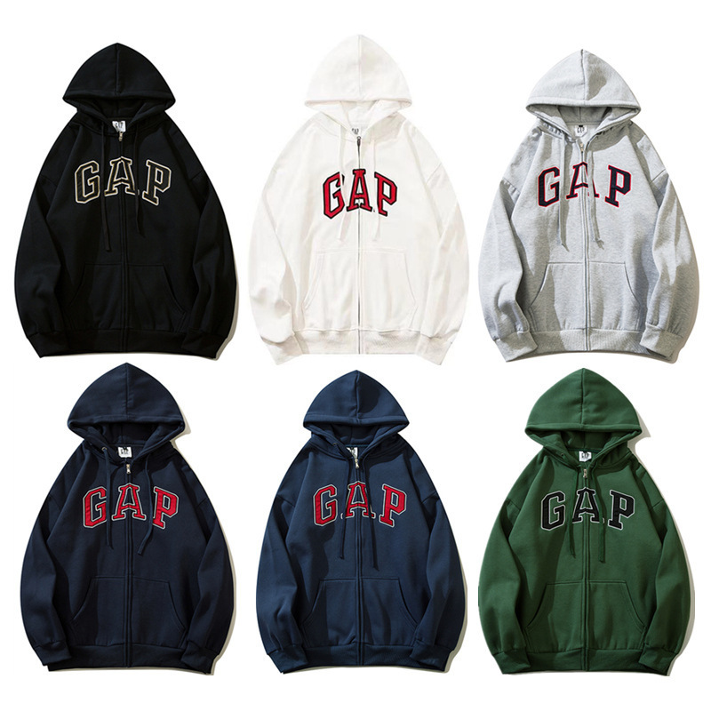 Gap Cross-Border Foreign Trade Trendy Brand Letter Embroidery Zip-Up Hooded Sweatshirt with Fleece Casual Loose Fit Couple's Men's Cotton