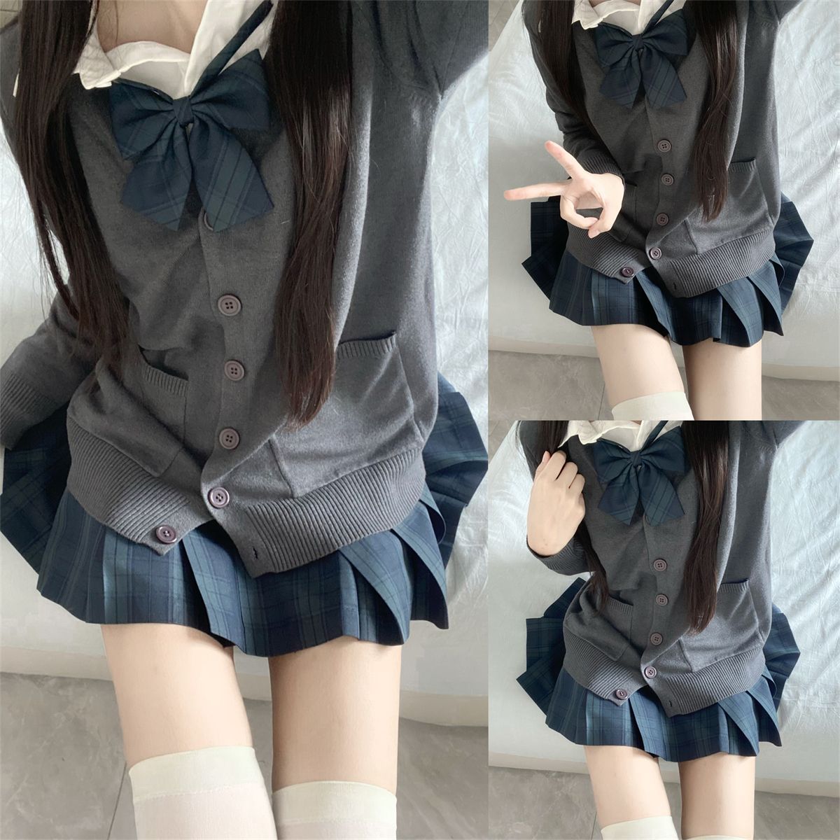 JK 유니폼 가을과 겨울 세트 체크 무늬 스커트 셔츠 긴 소매 스웨터 카디건 대학 스타일 학교