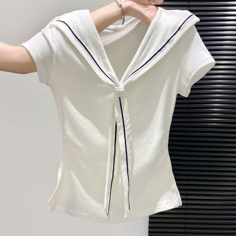 Cotton Navy White Short-Sleeve T-Shirt with Summer Slit Design, Slim Fit, Korean Style Short Top Cotton Navy White Short-Sleeve T-Shirt with Summer Slit Design, Slim Fit, Korean Style Short Top