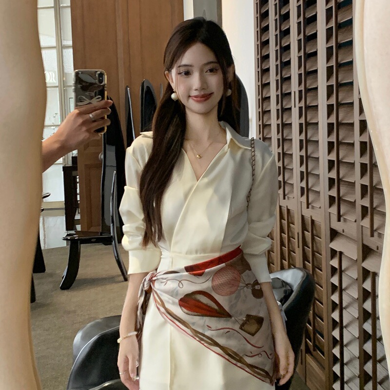 Satin Polo Collar Long-Sleeved Shirt Dress for Women, Summer Slim-Fit Elegant Short Skirt with a High-End Feel, Waist-Cinching and Hip-Hugging Design