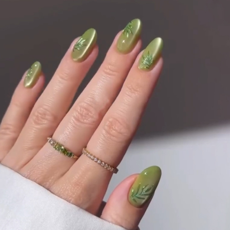 Cross-Border Best-Selling Spring-Inspired Glass Green Cat-Eye Detachable Sweet-Cool Spicy Girl Style Fake Nails, 24 Pieces