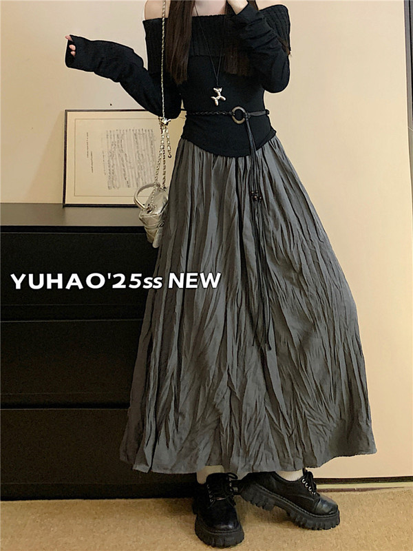 高腰半身裙女早秋新款韩版设计感褶皱长裙复古气质显瘦a字伞裙潮|undefined