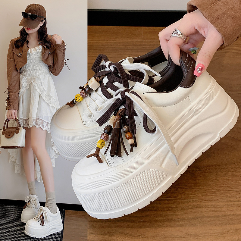 小白鞋女2025秋新款内增高小个子厚底松糕鞋百搭系带平底休闲板鞋|undefined