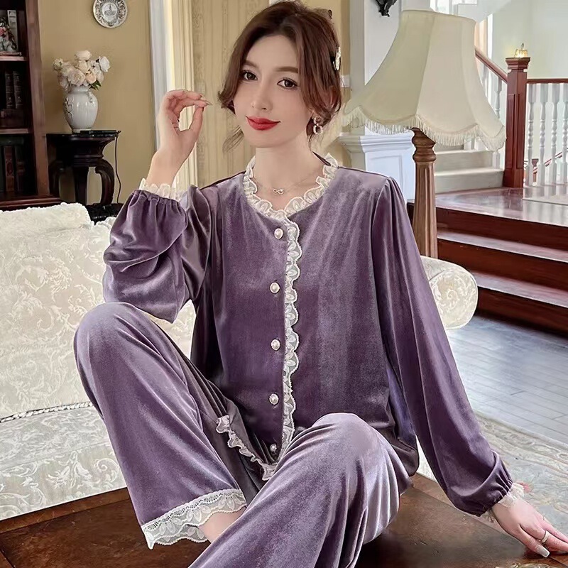 Golden Velvet Pajamas Women's Autumn French-style Light Luxury Long-sleeved Cardigan Lace Two-piece High-end Feeling Home Clothes for Outer Wear