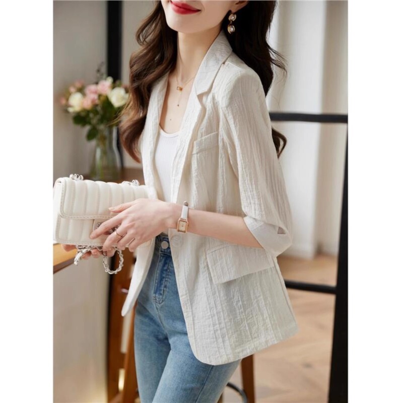 Solid Color Chiffon Half Sleeve Suit Jacket Women's 2024 Summer New Fashion Casual Thin Top Suit A3597