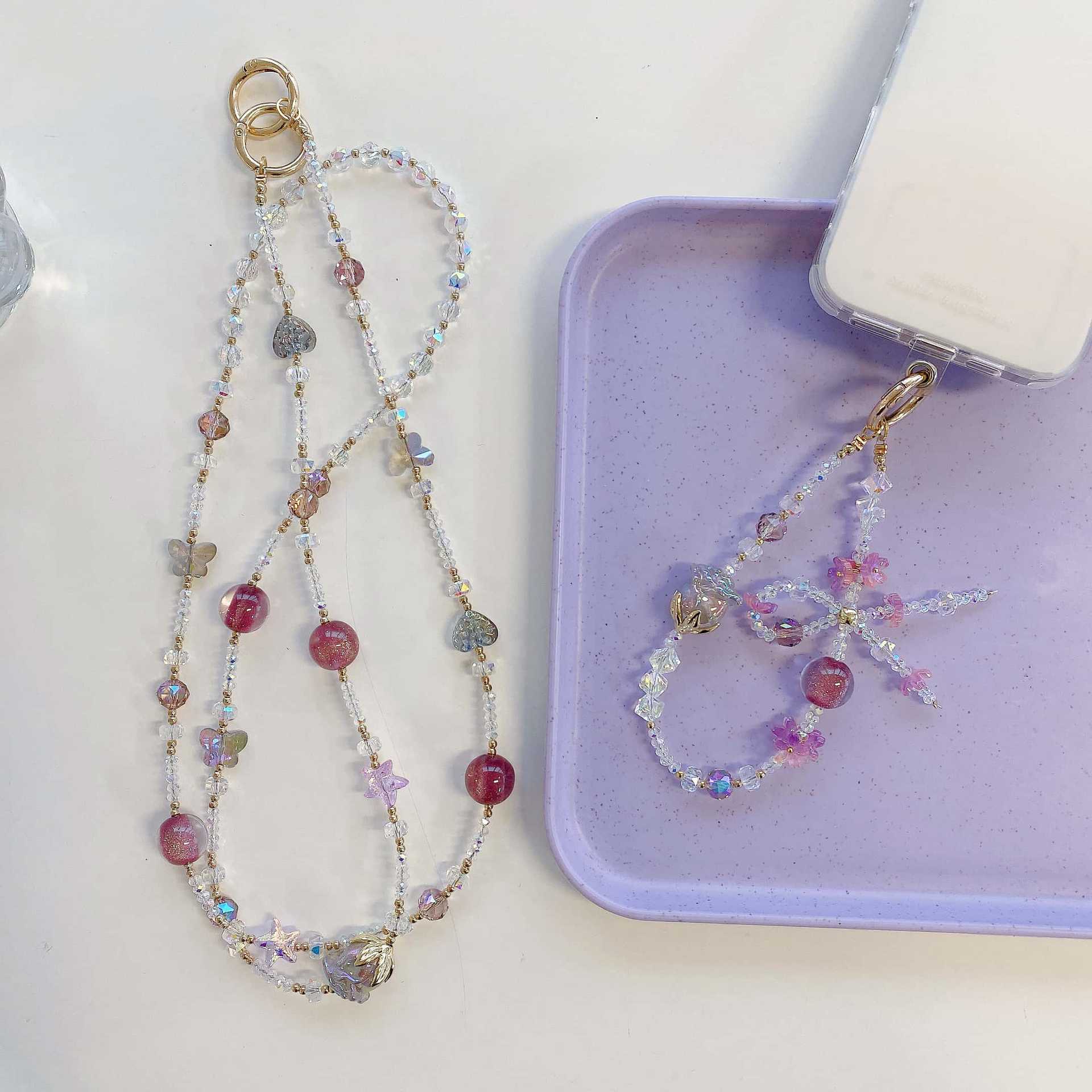 Boutique hecho a mano de alta gama teléfono móvil cadena colgante mujer tulipán sueño púrpura cadena larga moda teléfono móvil cordón largo mensajero colgante