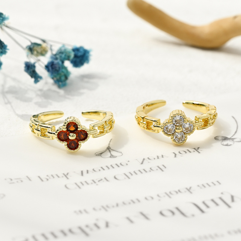 Fashion Four Leaf Clover Copper Open Ring Zircon Copper Rings