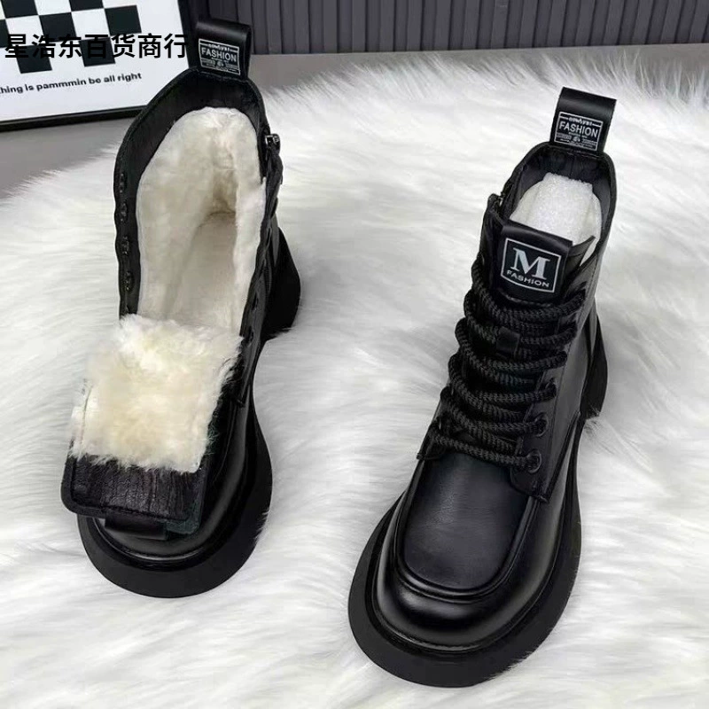Ботинки Martens‑style низкие с тёплой подкладкой, противоскользящая платформа, чёрные/коричневые, 35–40