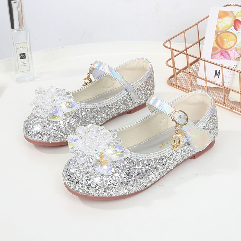 Новые туфли для девочек с кристаллами и цветами, однослойная обувь Aisha Princess, на липучке, с блестками, для средних и больших детей, Маленькая кожаная обувь для женщин