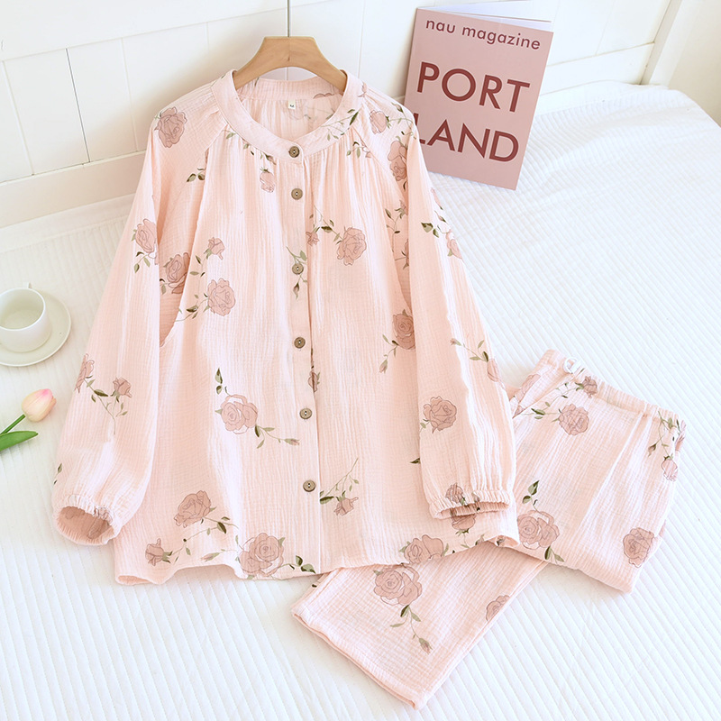 Pure Cotton Crepe Chest Pad Moon Suit Spring and Autumn Maternal Postpartum Breastfeeding suit Long Sleeve Cardigan Breastfeeding Loosening