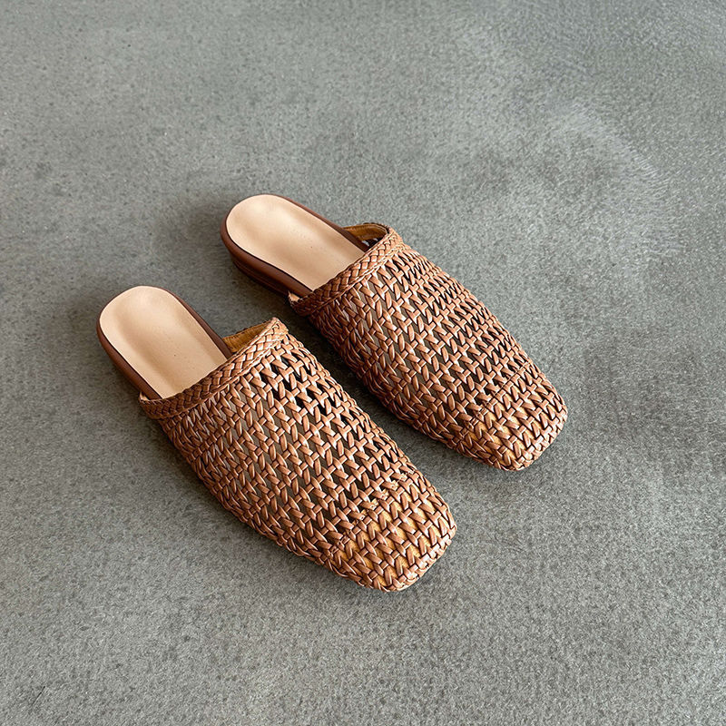 Designer Niche Retro Woven Sandals Hollow Flat Outer Half Slippers Square Hole Casual Muller Shoes
