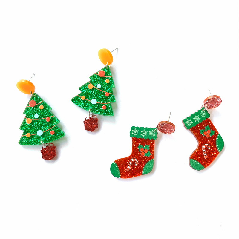 5g Weight Earrings Classification 1 Pair Cartoon Style Christmas Tree Christmas Socks Printing Arylic Earrings