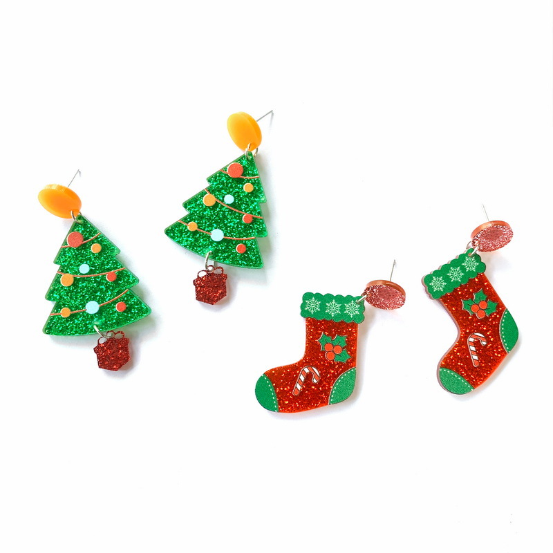 Cartoon Style Christmas Tree Christmas Socks Arylic Printing Women's Earrings 1 Pair display picture 1