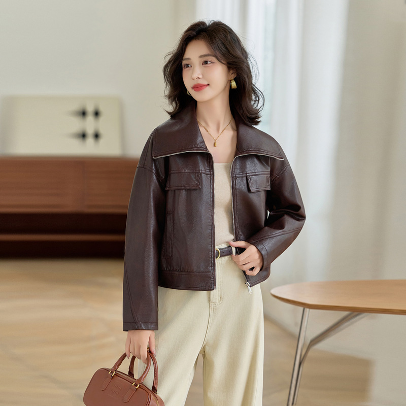 Genuine Brand Doll Collar Sheepskin Jacket for Women, Autumn and Winter Short Style, Petite Street Fashion Trendy Biker Leather Jacket