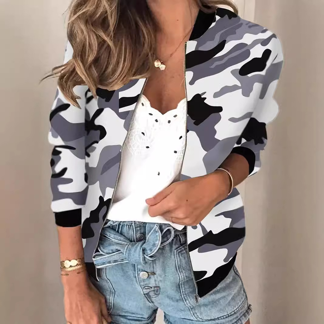 Cross-Border European and American Export Women's Clothing Amazon Loose Zipper Jacket Camouflage Graffiti Long-Sleeved Top Wl009