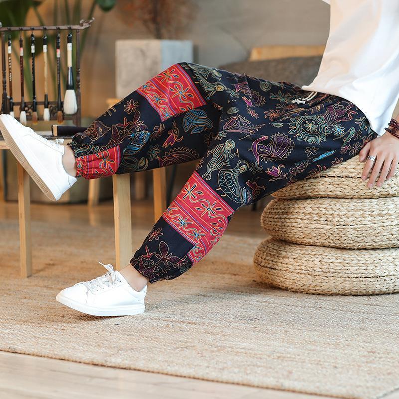 Pantalones de nueve puntos Harlan con estampado de lino y algodón suelto para hombres de estilo chino de verano, pantalones deportivos casuales de moda de gran tamaño