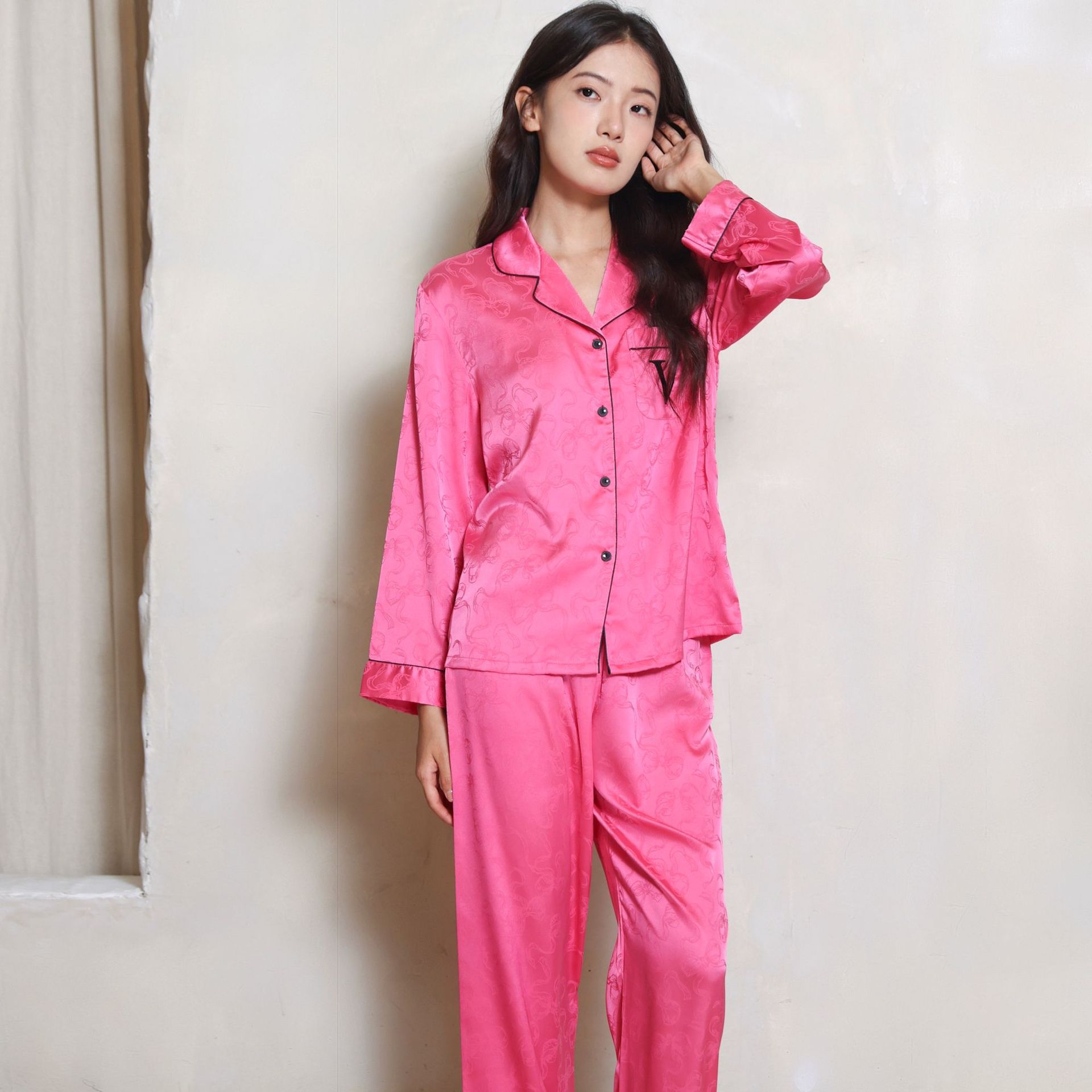 飘带蝴蝶结女士冰丝睡衣丝绸宽松时尚可爱家居服套装夏秋可外穿