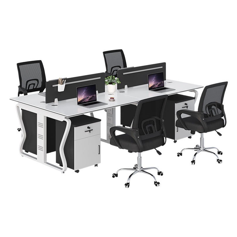 FUENTE Escritorio de personal de fábrica de cuatro asientos estación personal marco de acero simple moderno Escritorio de personal blanco con gabinete