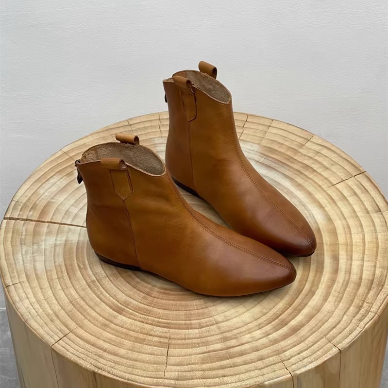 Retro Pointed Toe Ankle Boots For Women Western Style Leather_voghion.com