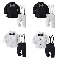 Export children's clothing new spring and autumn cotton long-sleeved shirt bow tie belt pants autumn set European and American children's formal wear 