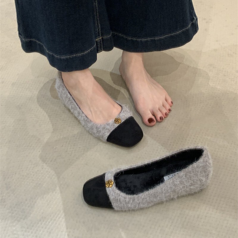 5cm ! Tweed Style High Heels and Plush Fur Shoes, Slip-On Shoes with Skirts, Gray Thick Heels for Women, Winter Cotton 5cm ! Tweed Style High Heels and Plush Fur Shoes, Slip-On Shoes with Skirts, Gray Thick Heels for Women, Winter Cotton