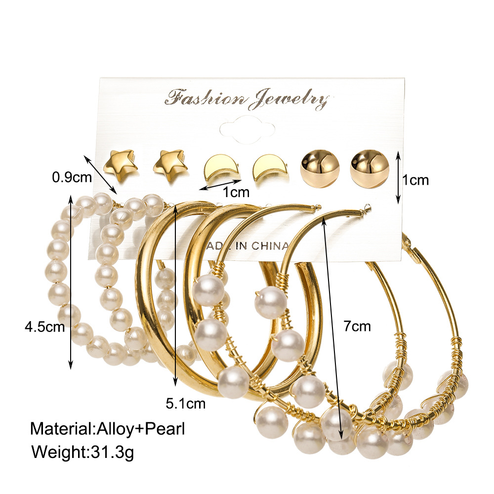 New Retro Geometric Pearl Earrings Set 6-piece Creative Five-pointed Star Moon Earrings display picture 15