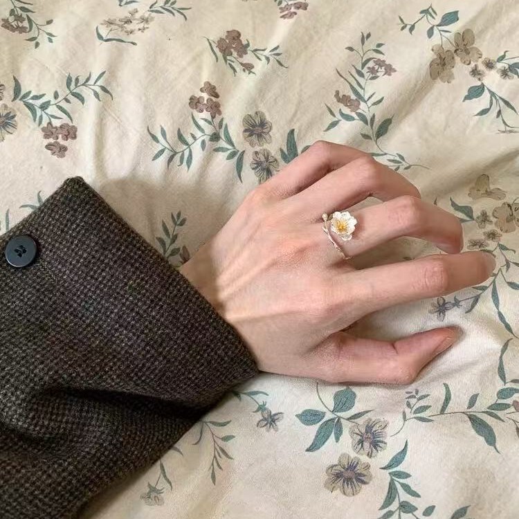 新中式海棠花戒指女小众高级清冷感开口食指戒文艺简约百搭指环潮|undefined