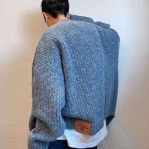 美式复古宽松重磅慵懒粗线针织开衫针织衫毛衣休闲外套男女无