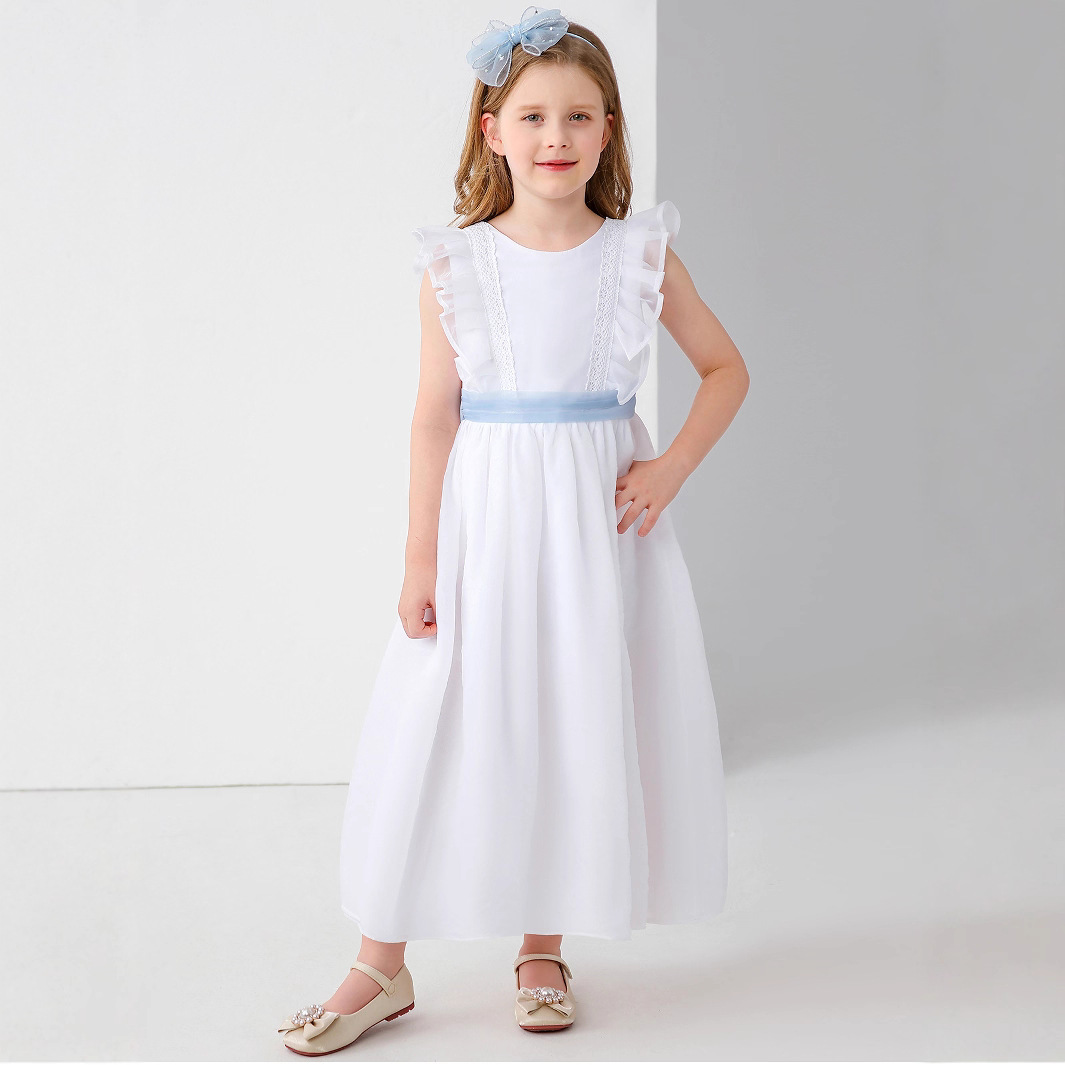 Vestido de novia para niños europeo y americano transfronterizo, vestido de princesa de rendimiento de niña de flores de encaje de lazo de niña de comercio exterior, vestido largo