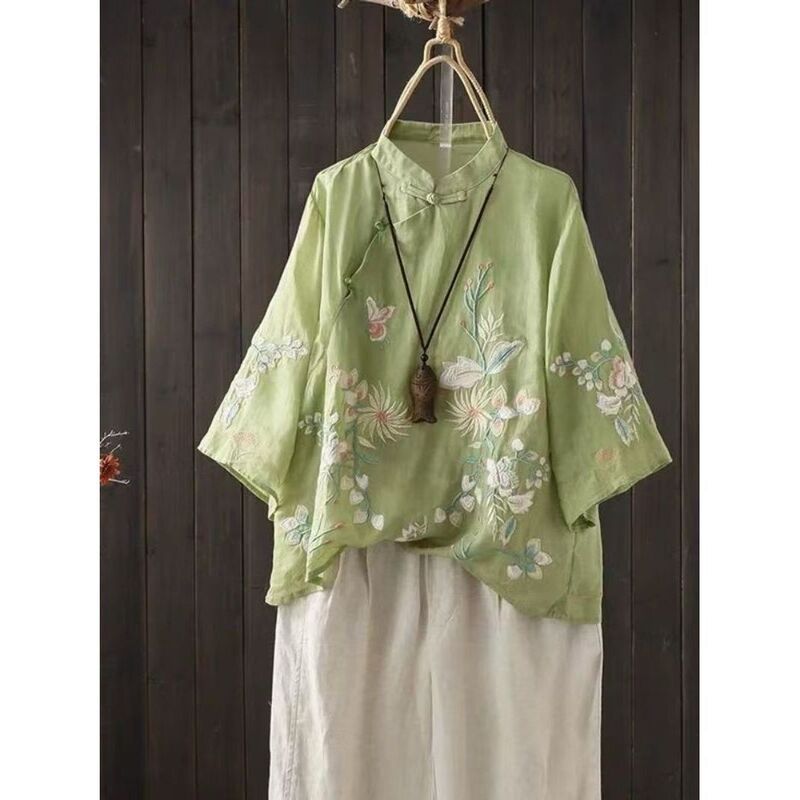 Chinese Style Embroidered Ramie Shirt Women's Spring Slant Flap with Buckle and Vertical Collar Tang Dress Small Shirt Elegant Cotton and Linen Pullover Top