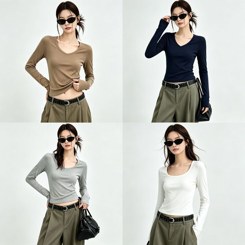Direct manufacturer U-neck/square-neck slim-fit stretchy solid color long-sleeve T-shirt, square-neck, regular shoulder, slim-fit women's long-sleeve slimming base shirt