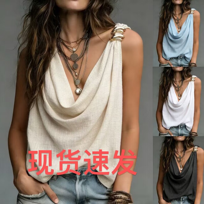 European and American Cross-Border 2026 New Summer Foreign Trade Amazon Swing-Neck Vest with Metal Decoration Sleeveless Linen Women's Shirt