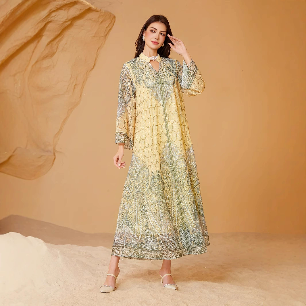 Длинная шифоновая юбка-абайя для женщин, мусульманское платье абайя с горячими стразами, трансграничная одежда в стиле Ближнего Востока.