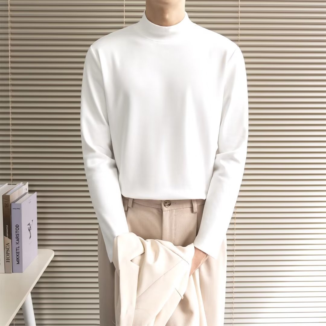 솔리드 컬러 미드 칼라 베이스 셔츠 남성용 가을과 겨울 티셔츠 긴팔 유행 슬림핏 탑 따뜻한 남성용 내부 티셔츠