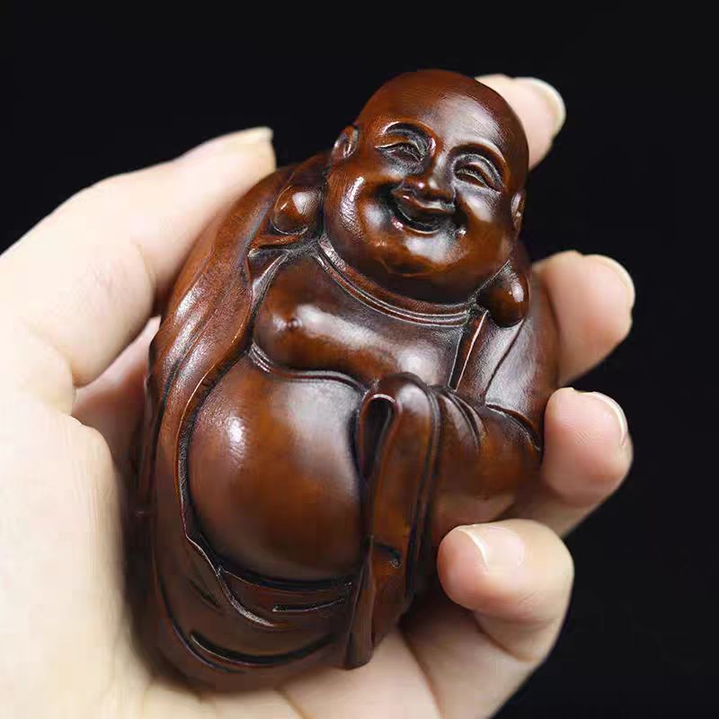 黄杨木老货旧藏笑脸大肚弥勒佛手把件文玩实木雕刻中式工艺品挂件|undefined