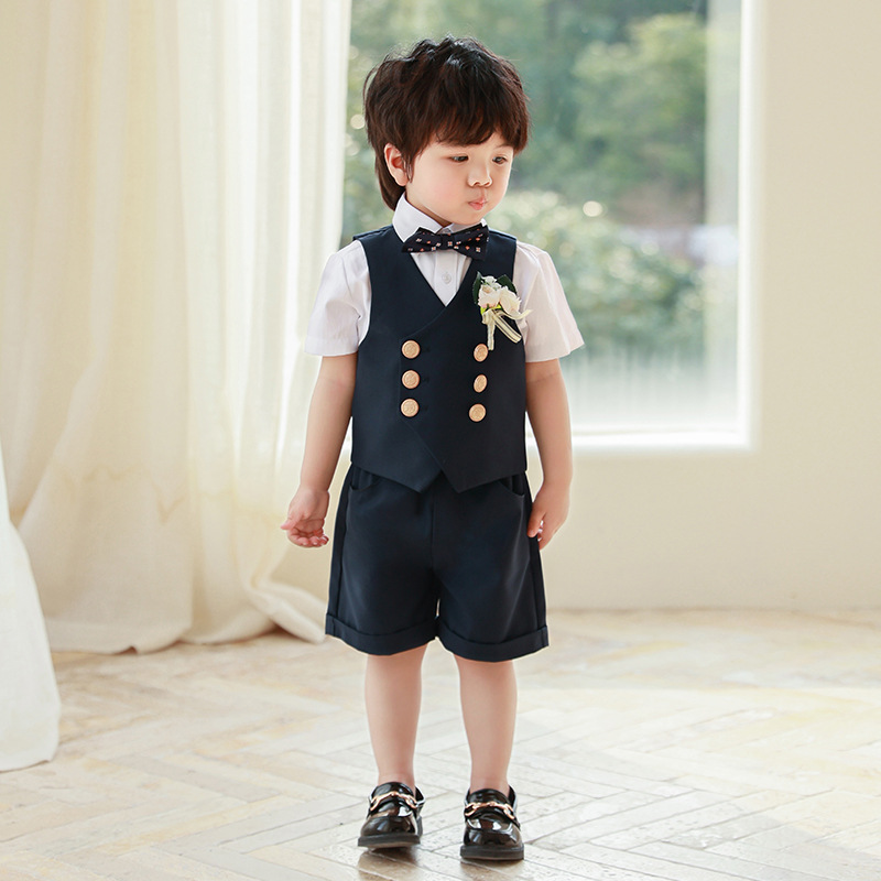Traje de niño, chaleco, traje de manga corta, traje de actuación de estilo británico de verano, vestido de cumpleaños de bebé, niña de las flores