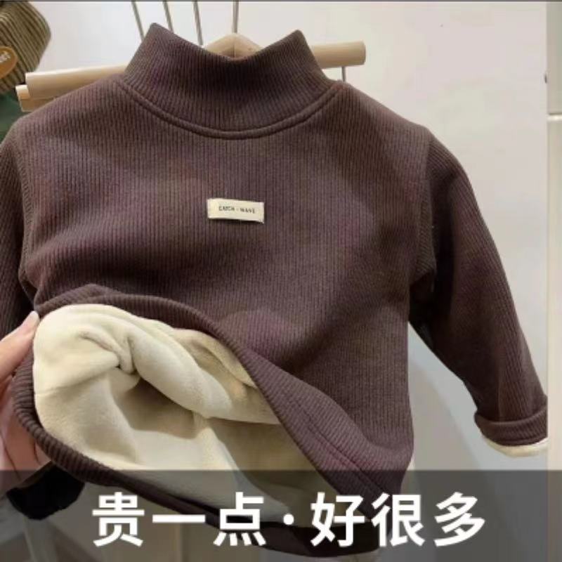 Cross-border children's clothing, long-sleeved, fleece-lined, extra-thick ribbed base layer T-shirt, warm, high neck.